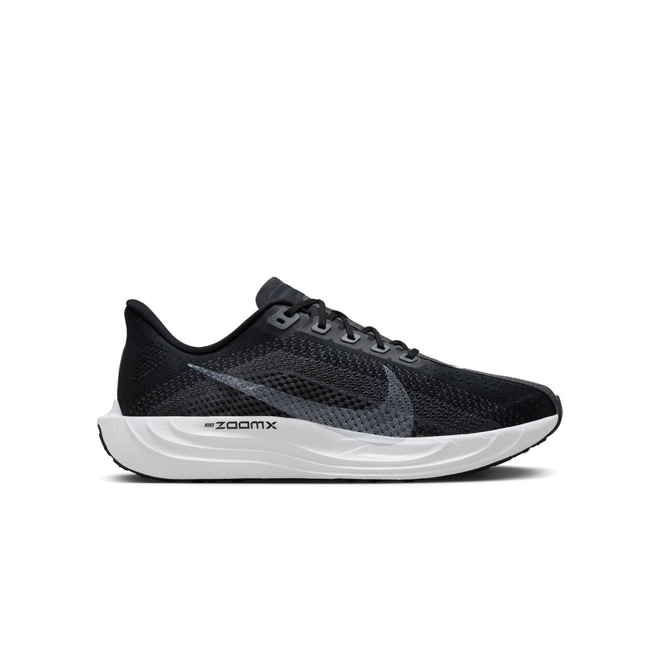 Lateral view of the right shoe from a pair of Nike Men's Pegasus Plus Road Running Shoes in the Black/Pure Platinum-Anthracite-White colourway. (8683698192546)