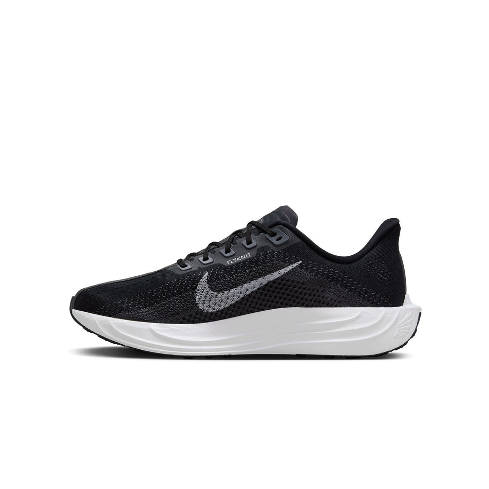 Medial view of the right shoe from a pair of Nike Men's Pegasus Plus Road Running Shoes in the Black/Pure Platinum-Anthracite-White colourway. (8683698192546)