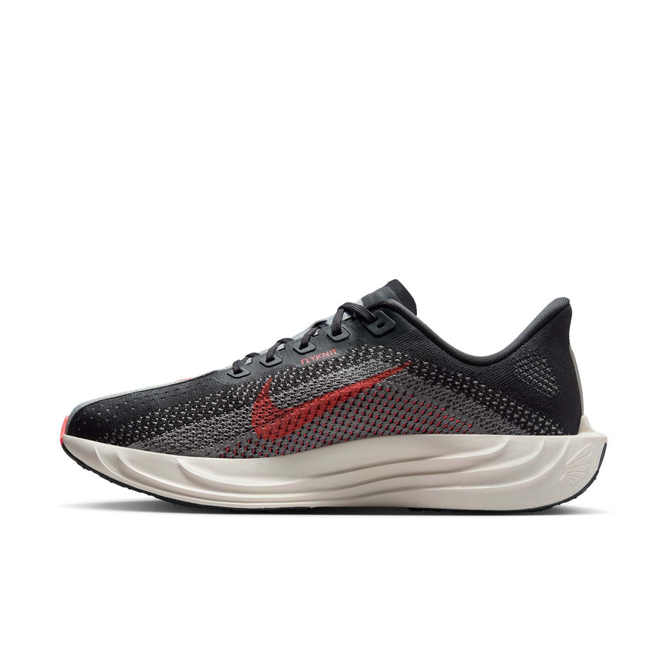 Medial view of the right shoe from a pair of Nike Men's Pegasus Plus Road Running Shoes in the Anthracite/Bright Crimson-Light Smoke Grey colourway. (8683710185634)