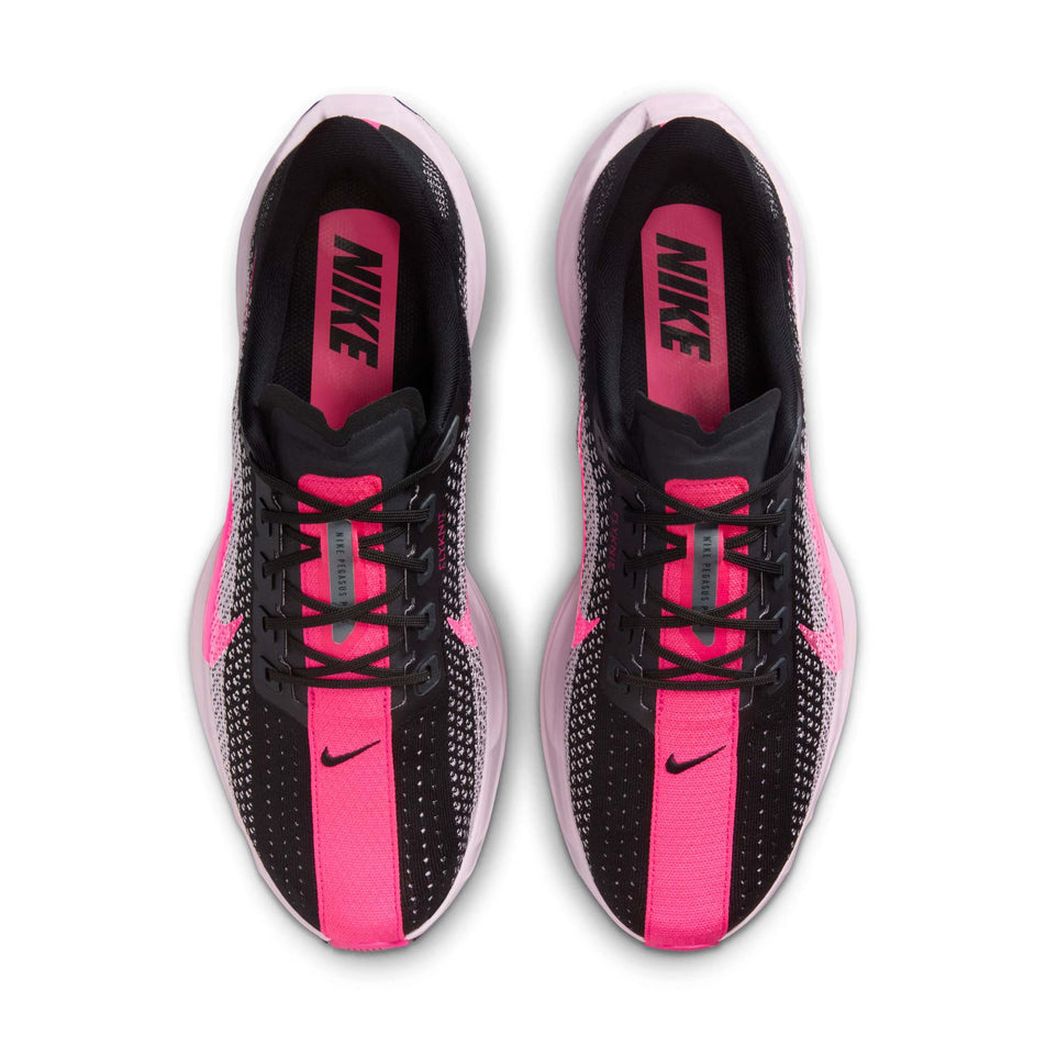 The uppers of a pair of Nike Men's Pegasus Plus Road Running Shoes in the Black/Hyper Pink-Pink Foam colourway. (8791545610402)