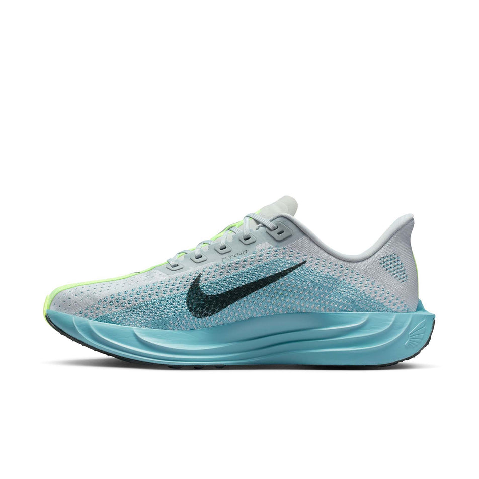 Medial view of the right shoe from a pair of Nike Men's Pegasus Plus Road Running Shoes in the Pure Platinum/Seaweed-Denim Turquoise colourway. (8754770018466)