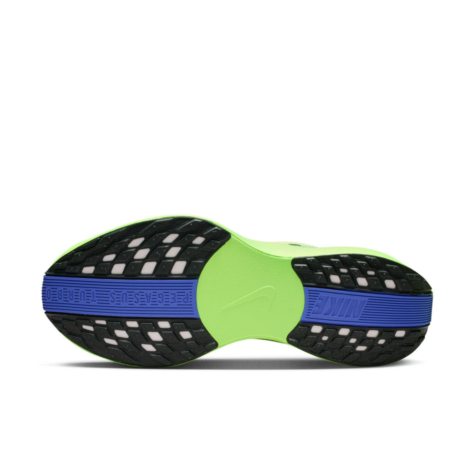 The outsole of the left shoe from a pair Nike Men's Pegasus Plus Road Running Shoes in the Volt Ice/Black Spruce-Volt Tint colourway.