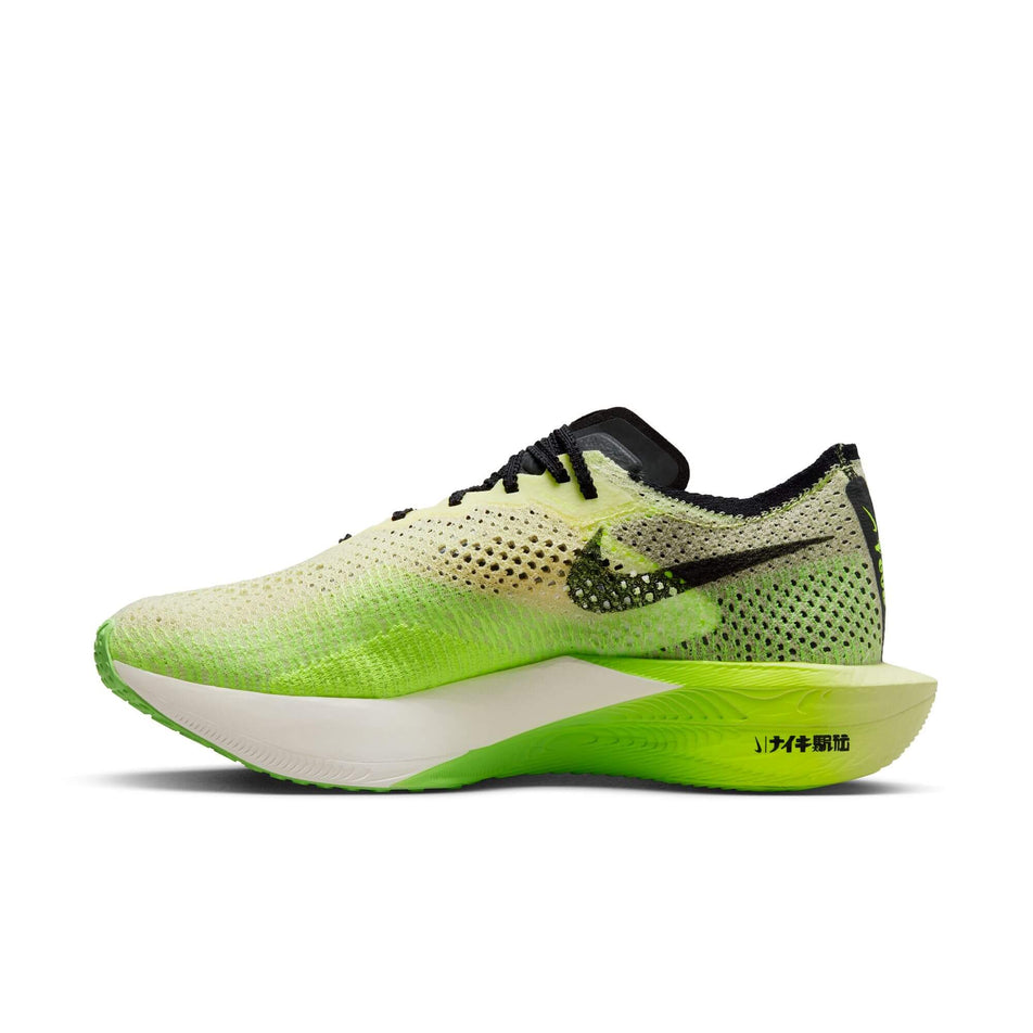 Medial side of the right shoe from a pair of Men's Vaporfly 3 Road Racing Shoes in the Luminous Green/Black-Crimson Tint-Volt colourway (8104386068642)
