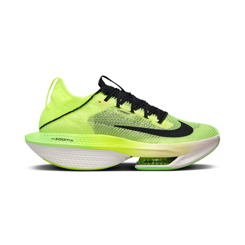 Lateral side of the right shoe from a pair of Nike Men's Alphafly 2 Road Racing Shoes in the Luminous Green/Black-Crimson Tint-Volt colourway (8104378957986)