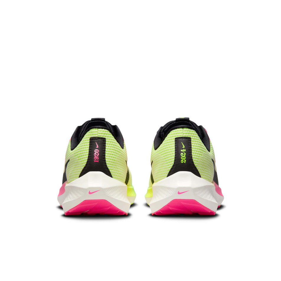 The back of a pair of Nike Men's Pegasus 40 Premium Road Running Shoes in the Luminous Green/Black-Volt-Lime Blast colourway (8104371880098)