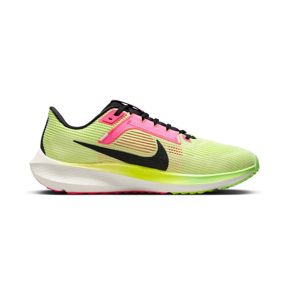 Medial side of the left shoe from a pair of Nike Men's Pegasus 40 Premium Road Running Shoes in the Luminous Green/Black-Volt-Lime Blast colourway (8104371880098)