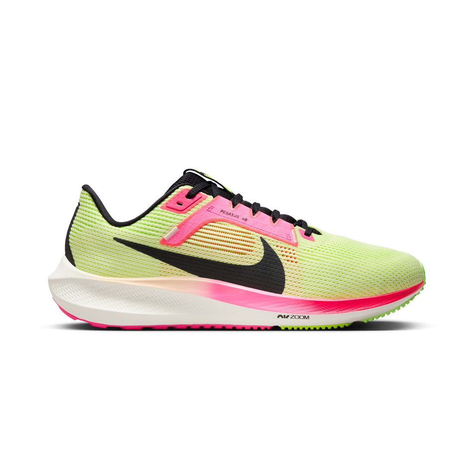 Lateral side of the right shoe from a pair of Nike Men's Pegasus 40 Premium Road Running Shoes in the Luminous Green/Black-Volt-Lime Blast colourway (8104371880098)