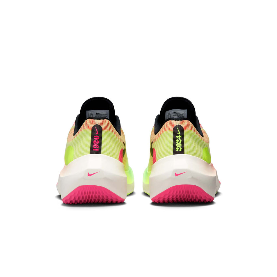 The back of a pair of Nike Men's Zoom Fly 5 Premium Road Running Shoes in the Luminous Green/Black-Volt-Lime Blast colourway (8104392294562)
