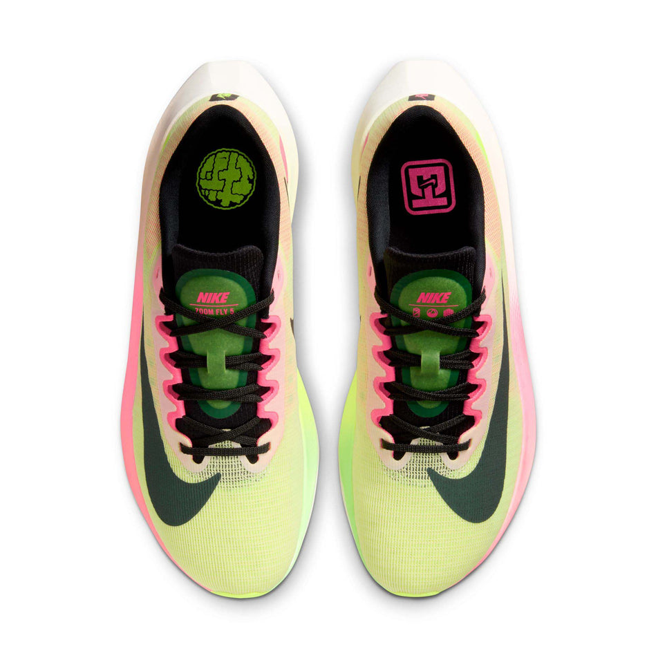 The uppers on a pair of Nike Men's Zoom Fly 5 Premium Road Running Shoes in the Luminous Green/Black-Volt-Lime Blast colourway (8104392294562)