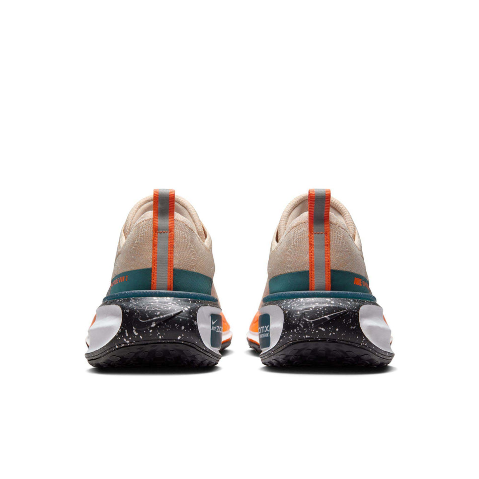 The back of a pair of Nike Men's Invincible Run 3 Road Running Shoes in the Oatmeal/Black-Safety Orange-Total Orange colourway (8073007661218)