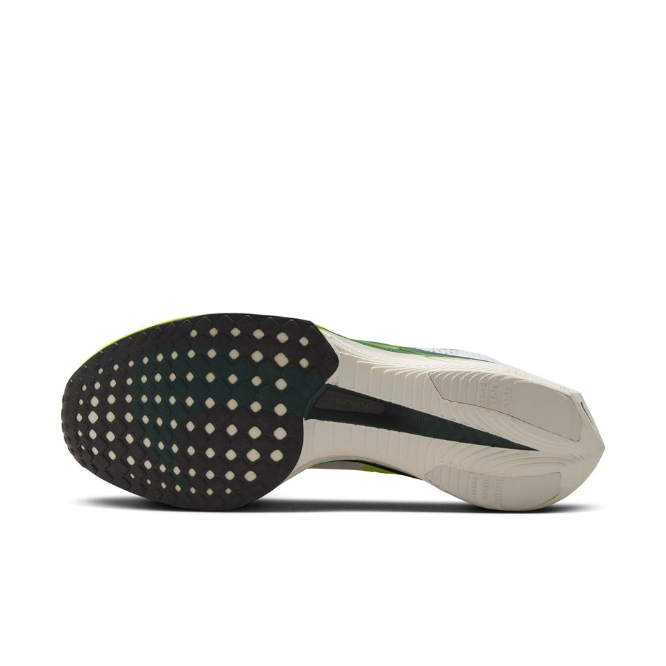 The outsole on the left shoe from a pair of Nike Men's Vaporfly 3 Road Racing Shoes in the White/Pro Green-Volt-Sail colourway (8155641217186)