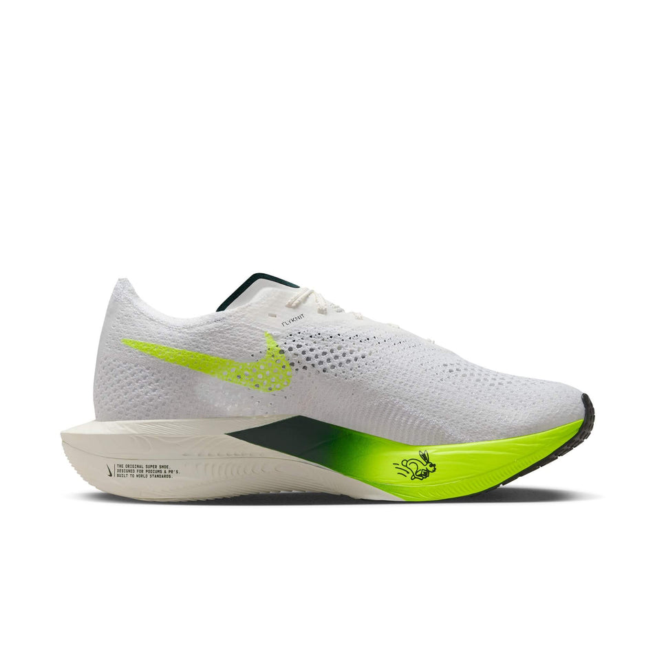 Medial side of the left shoe from a pair of Nike Men's Vaporfly 3 Road Racing Shoes in the White/Pro Green-Volt-Sail colourway (8155641217186)