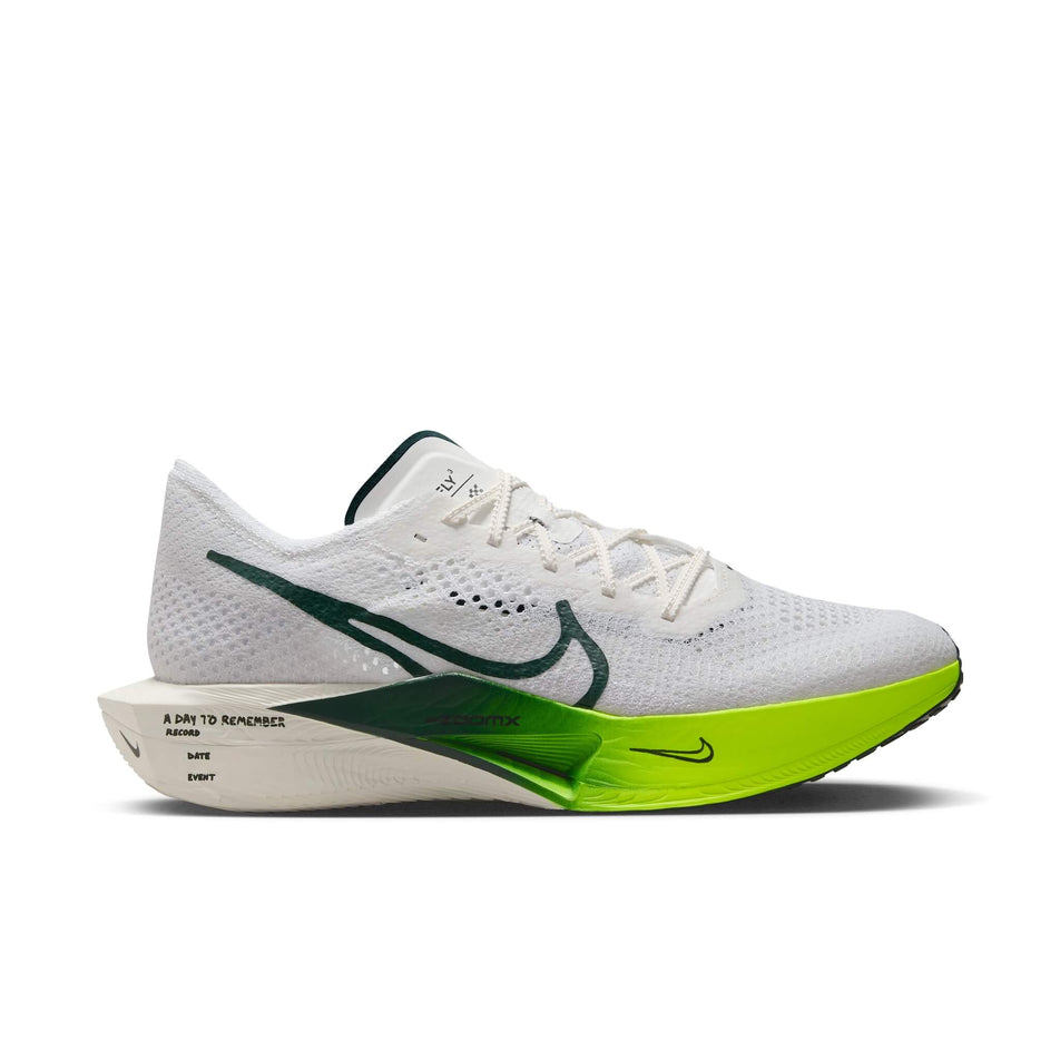 Lateral side of the right shoe from a pair of Nike Men's Vaporfly 3 Road Racing Shoes in the White/Pro Green-Volt-Sail colourway (8155641217186)