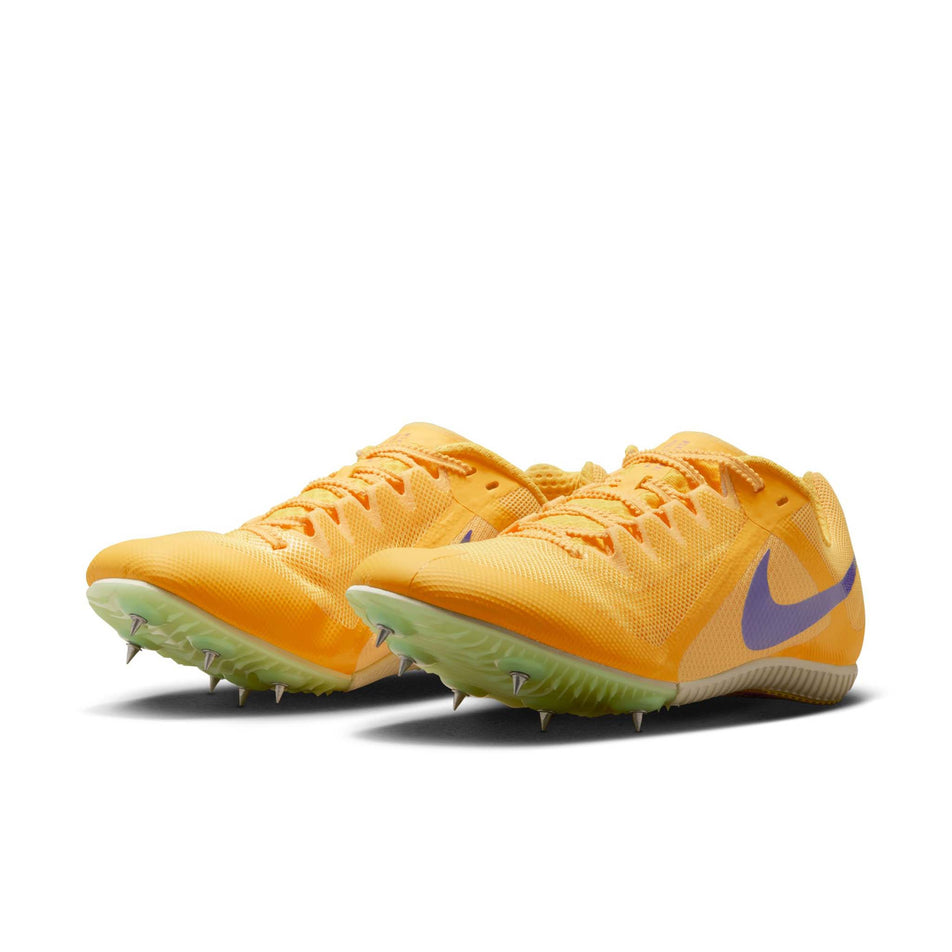 A pair of Nike Unisex Zoom Rival Track & Field Multi-Event Spikes in the Citron Pulse/Indigo Burst-Volt Glow colourway.