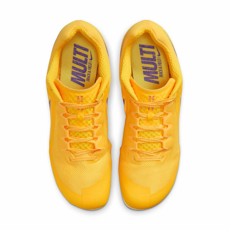 The uppers of a pair of Nike Unisex Zoom Rival Track & Field Multi-Event Spikes in the Citron Pulse/Indigo Burst-Volt Glow colourway.