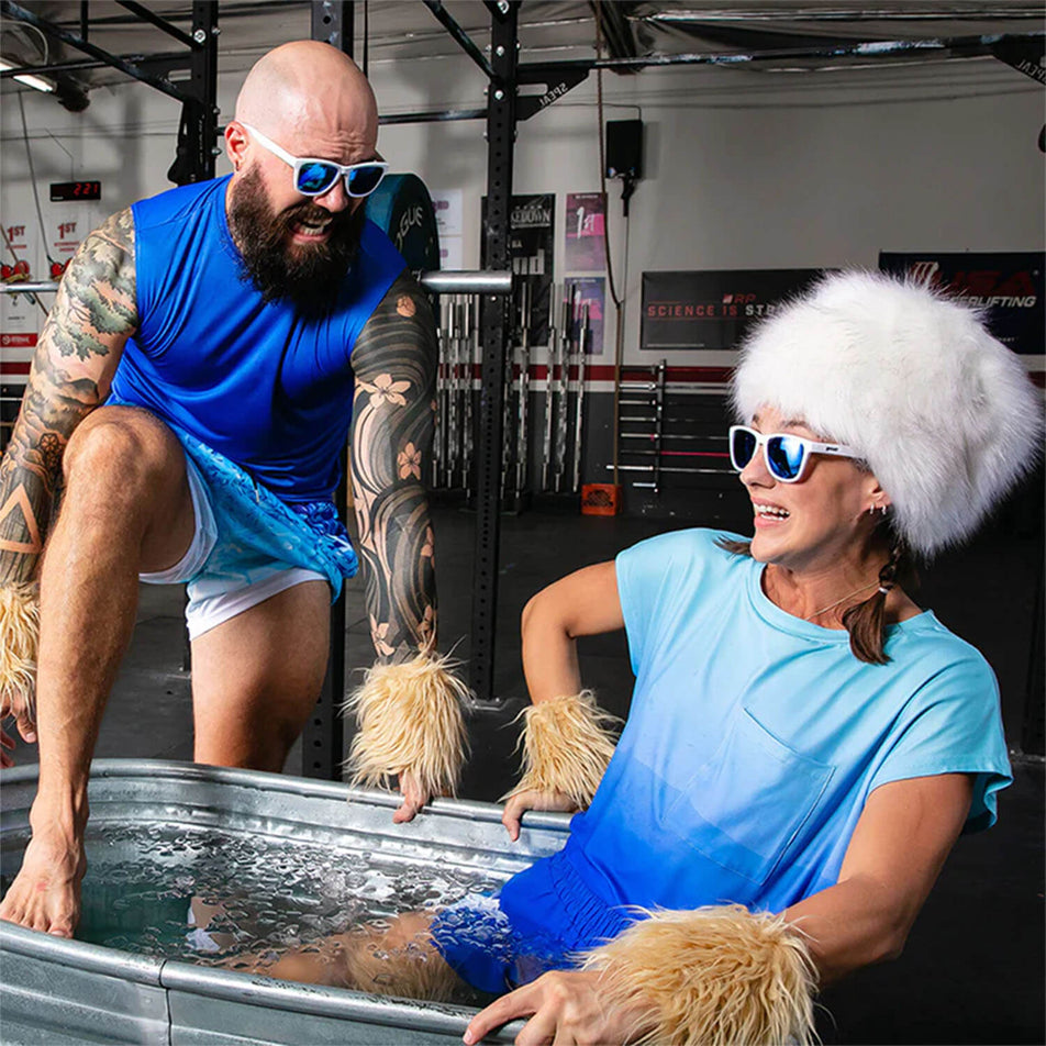Two models, each wearing a pair of goodr Iced by Yetis - OG - Running Sunglasses