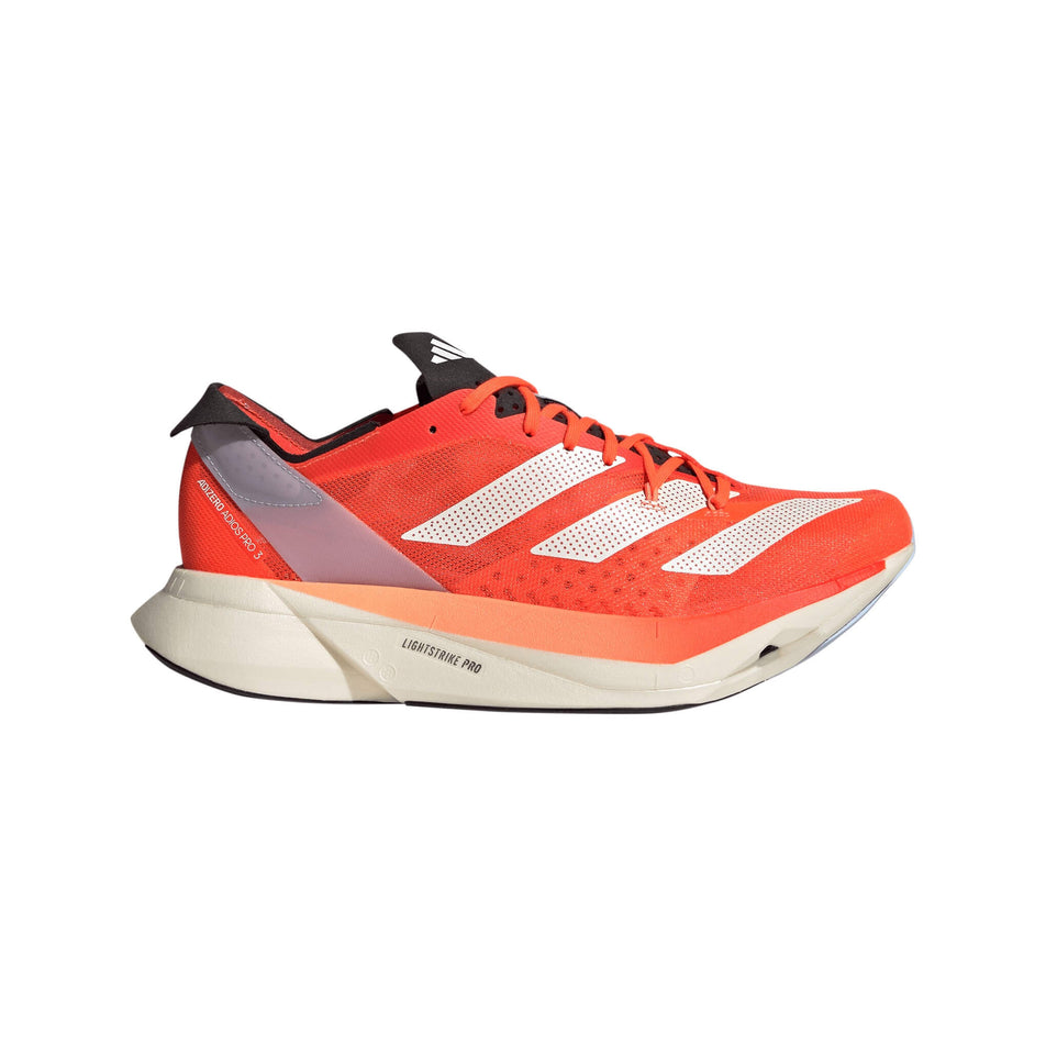 Lateral side of the right shoe from a pair of adidas Unisex Adizero Adios Pro 3.0 Running Shoes in the Solar Red/Zero Metalic/Coral Fusion colourway (7905615544482)