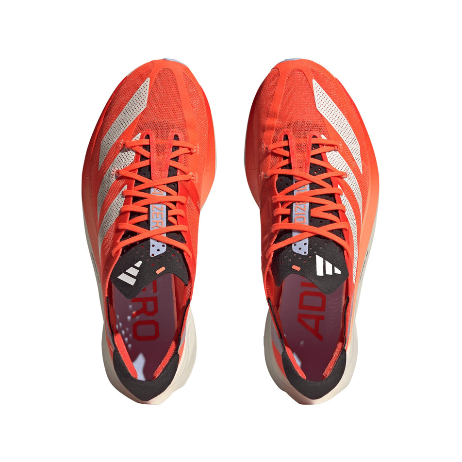 The uppers on a pair of adidas Unisex Adizero Adios Pro 3.0 Running Shoes in the Solar Red/Zero Metalic/Coral Fusion colourway (7905615544482)