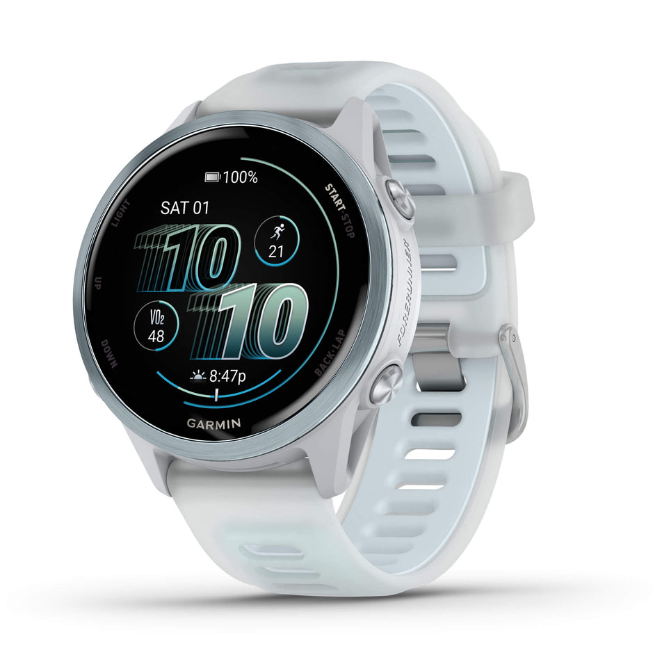 A Garmin Forerunner 570 in the 42mm case size. Cloud Blue Aluminium with Translucent Whitestone/Cloud Blue Band. Main screen. (8692096991394)