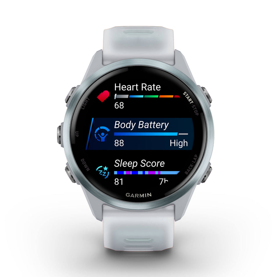 A Garmin Forerunner 570 in the 42mm case size. Cloud Blue Aluminium with Translucent Whitestone/Cloud Blue Band. Metrics/stats screen. (8692096991394)