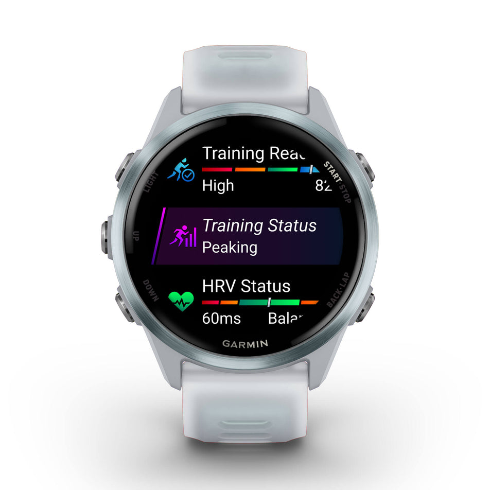 A Garmin Forerunner 570 in the 42mm case size. Cloud Blue Aluminium with Translucent Whitestone/Cloud Blue Band. Metrics/stats screen. (8692096991394)