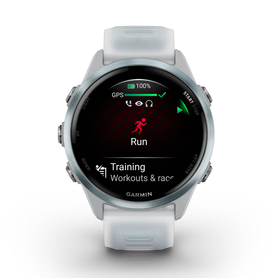 A Garmin Forerunner 570 in the 42mm case size. Cloud Blue Aluminium with Translucent Whitestone/Cloud Blue Band. Run start screen.(8692096991394)