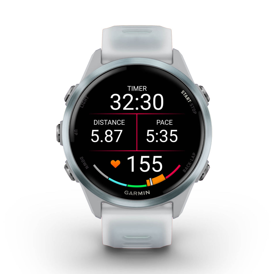 A Garmin Forerunner 570 in the 42mm case size. Cloud Blue Aluminium with Translucent Whitestone/Cloud Blue Band. Mid-activity stats screen.(8692096991394)