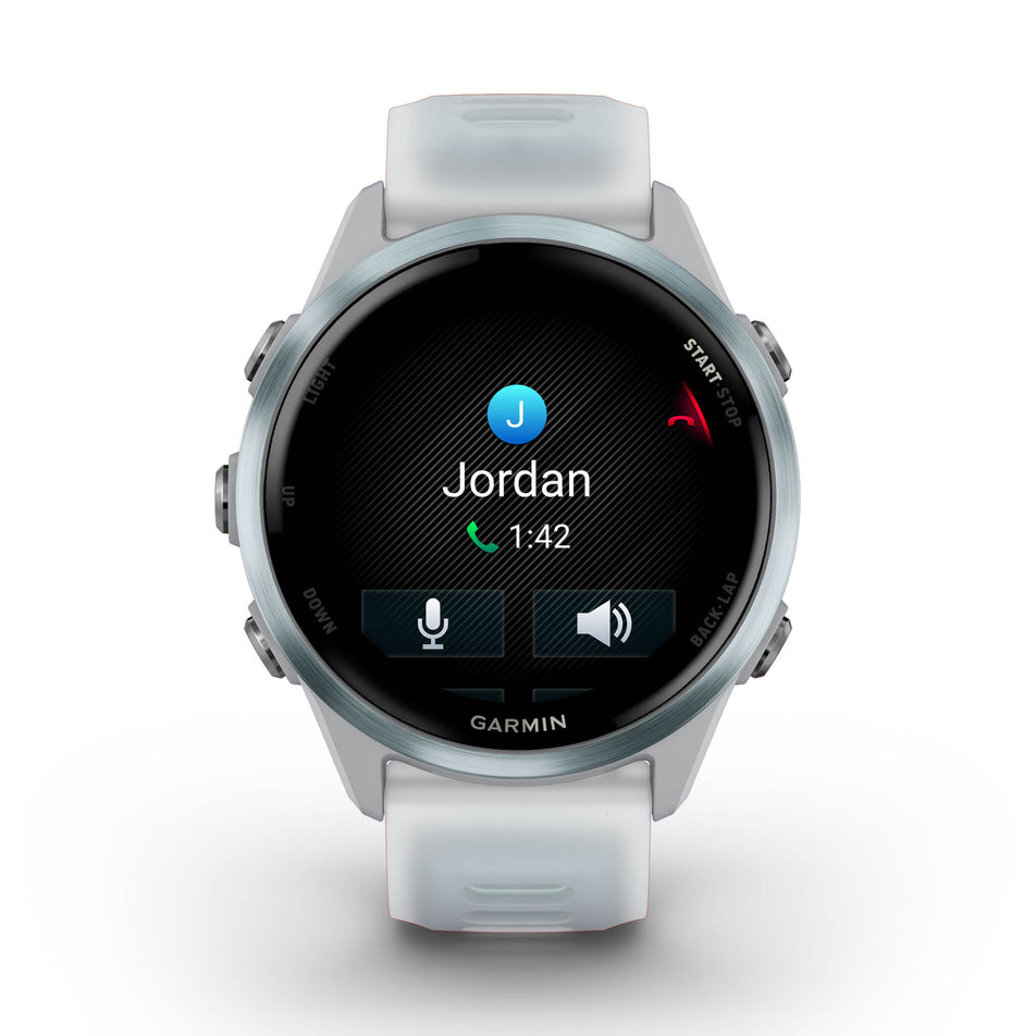 A Garmin Forerunner 570 in the 42mm case size. Cloud Blue Aluminium with Translucent Whitestone/Cloud Blue Band. Phone call screen.(8692096991394)