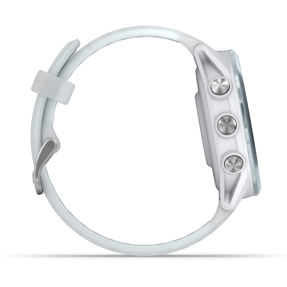 A Garmin Forerunner 570 in the 42mm case size. Cloud Blue Aluminium with Translucent Whitestone/Cloud Blue Band. Side of watch. (8692096991394)