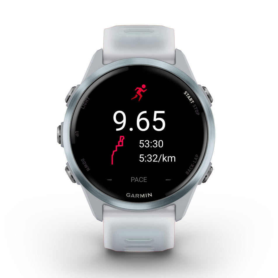 A Garmin Forerunner 570 in the 42mm case size. Cloud Blue Aluminium with Translucent Whitestone/Cloud Blue Band. Post-run stats screen.(8692096991394)