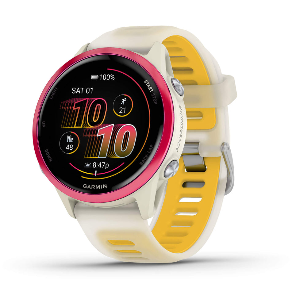 A Garmin Forerunner 570 in the 42mm case size. Raspberry Aluminium with Translucent Bone/Mango Band. Metrics/stats screen. (8692224426146)