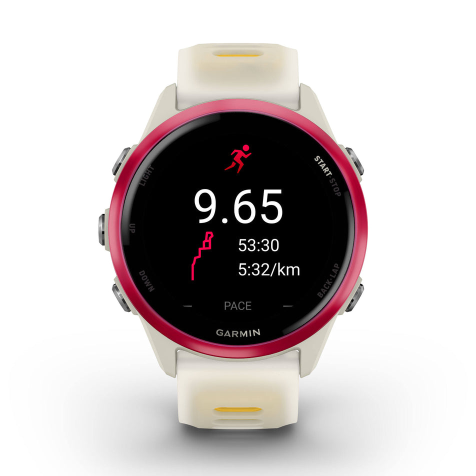 A Garmin Forerunner 570 in the 42mm case size. Raspberry Aluminium with Translucent Bone/Mango Band. Post-run stats screen. (8692224426146)