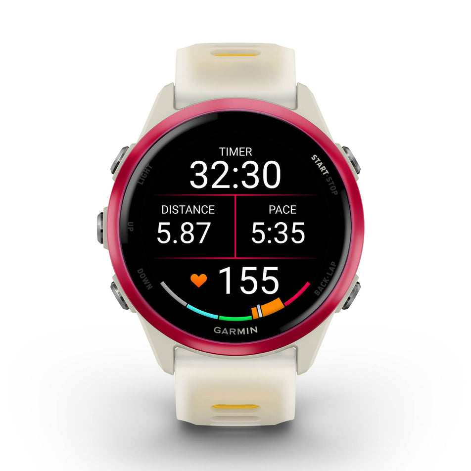 A Garmin Forerunner 570 in the 42mm case size. Raspberry Aluminium with Translucent Bone/Mango Band. Mid-activity stats screen. (8692224426146)