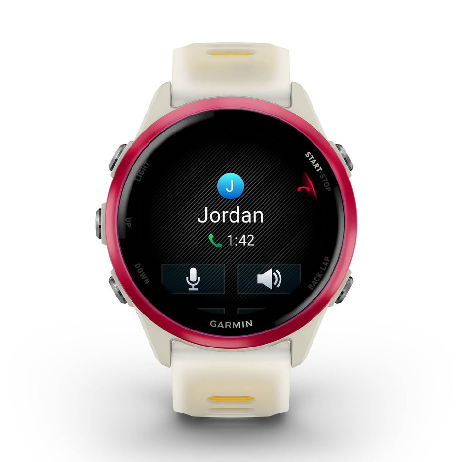 A Garmin Forerunner 570 in the 42mm case size. Raspberry Aluminium with Translucent Bone/Mango Band. Phone call screen. (8692224426146)