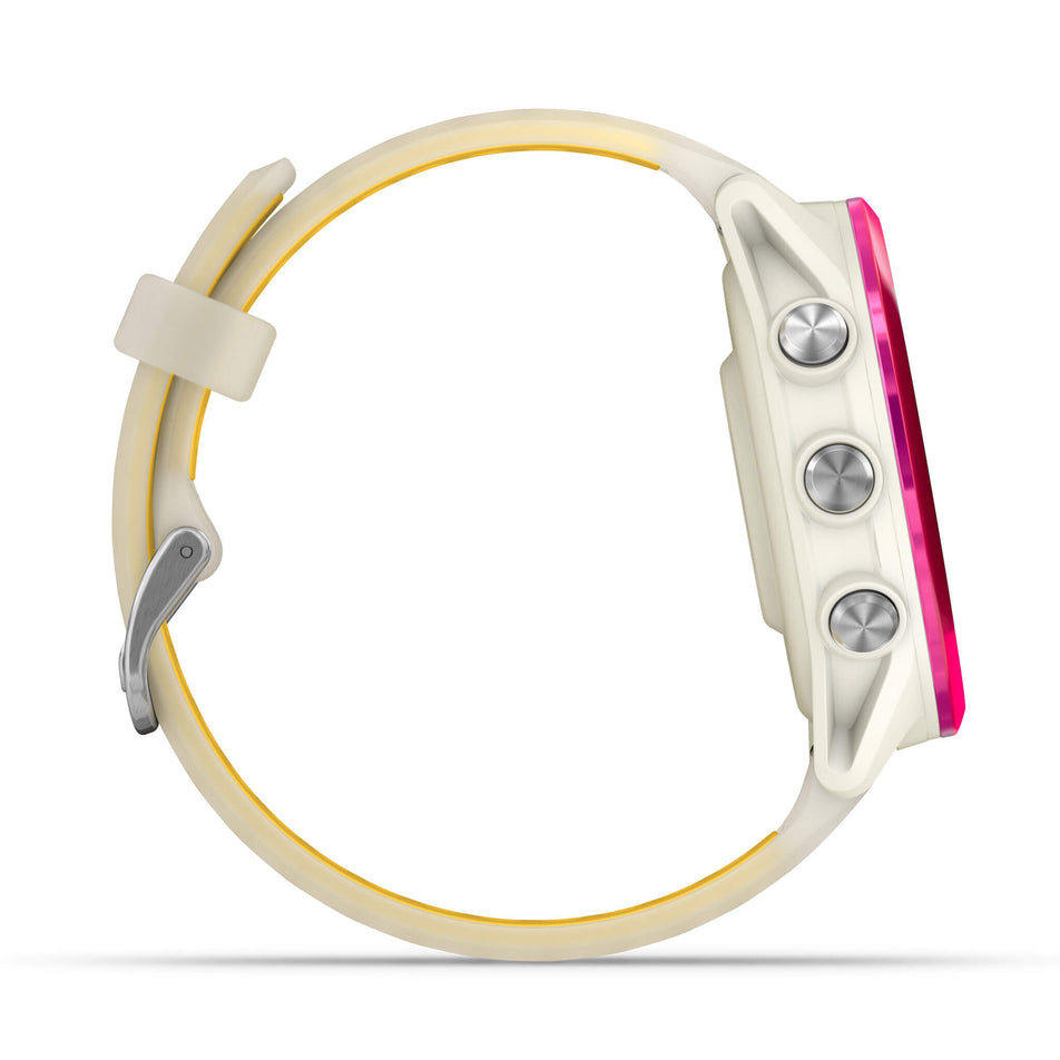 A Garmin Forerunner 570 in the 42mm case size. Raspberry Aluminium with Translucent Bone/Mango Band. Side of watch. (8692224426146)