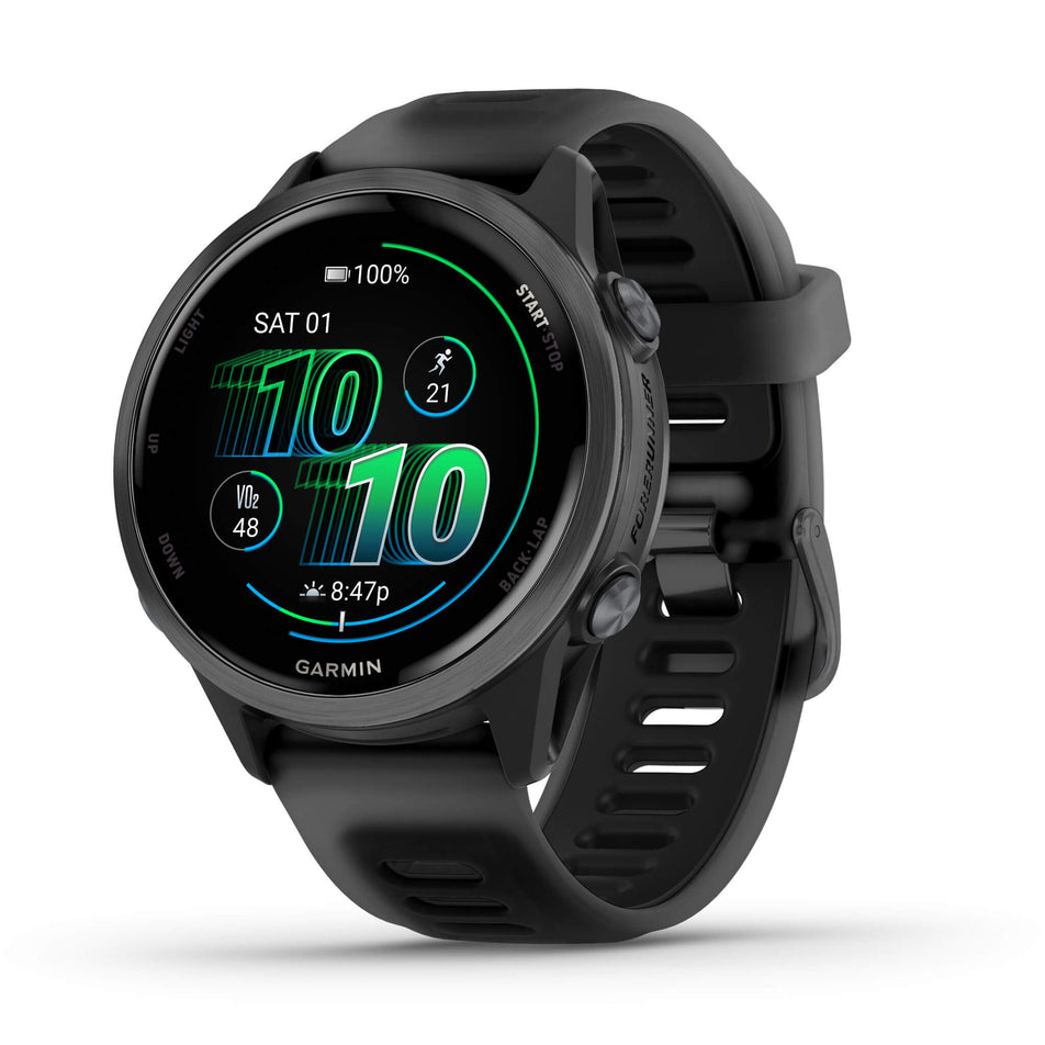 A Garmin Forerunner 570 in the 42mm case size. Slate Grey Aluminium with Translucent Black/Black Band. Main screen. (8691978961058)