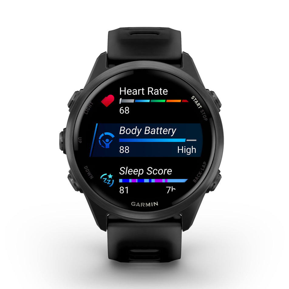 A Garmin Forerunner 570 in the 42mm case size. Slate Grey Aluminium with Translucent Black/Black Band. Metrics/stats screen. (8691978961058)
