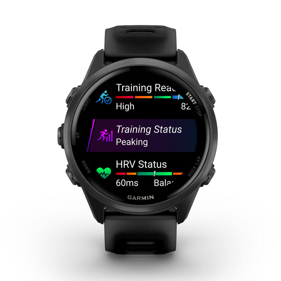 A Garmin Forerunner 570 in the 42mm case size. Slate Grey Aluminium with Translucent Black/Black Band. Metrics/stats screen. (8691978961058)