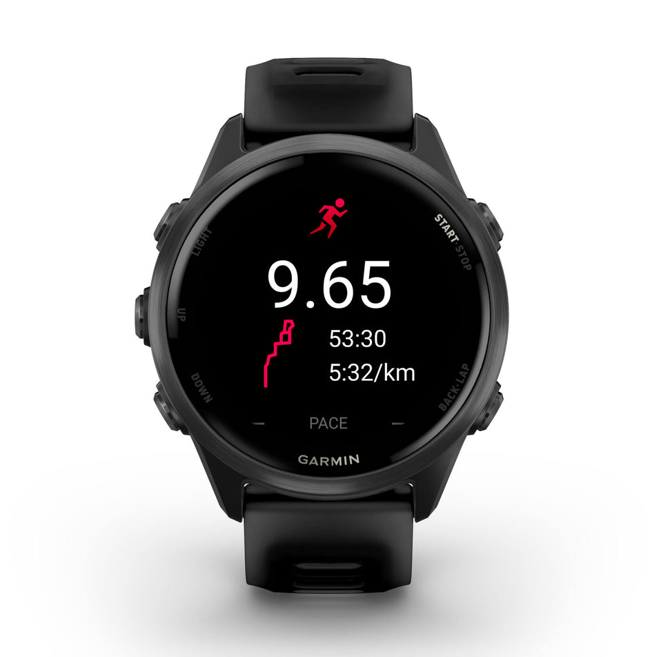A Garmin Forerunner 570 in the 42mm case size. Slate Grey Aluminium with Translucent Black/Black Band. Post-run stats screen.(8691978961058)