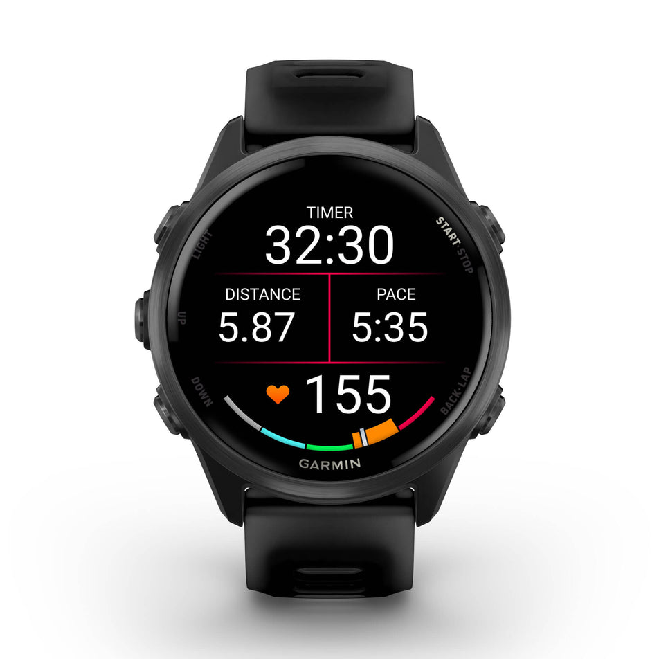 A Garmin Forerunner 570 in the 42mm case size. Slate Grey Aluminium with Translucent Black/Black Band. Mid-activity stats screen. (8691978961058)