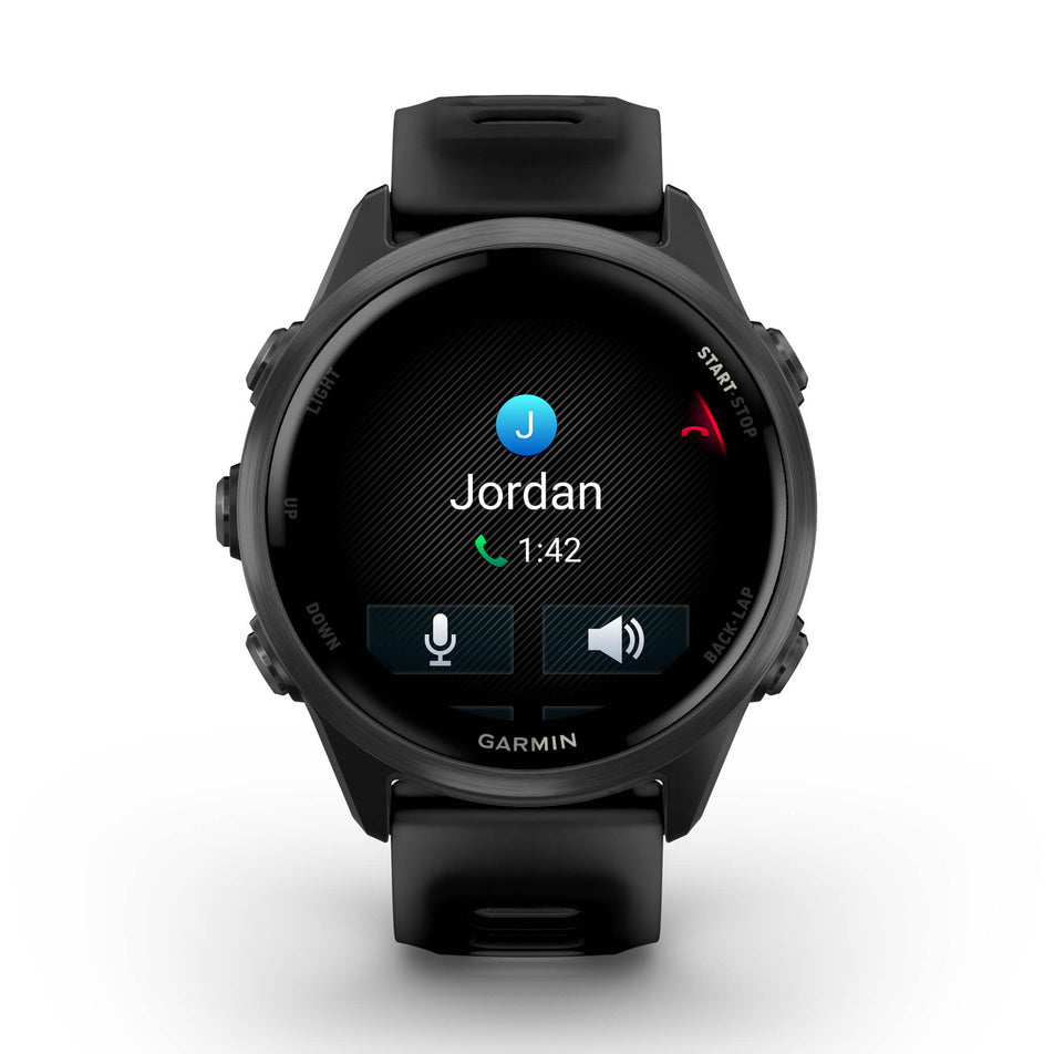 A Garmin Forerunner 570 in the 42mm case size. Slate Grey Aluminium with Translucent Black/Black Band. Phone call screen. (8691978961058)