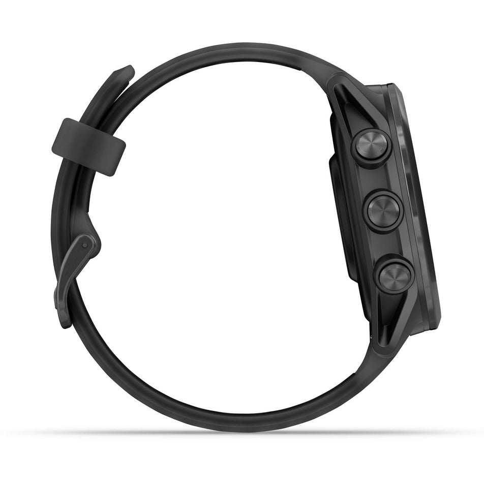 A Garmin Forerunner 570 in the 42mm case size. Slate Grey Aluminium with Translucent Black/Black Band. Side of watch. (8691978961058)