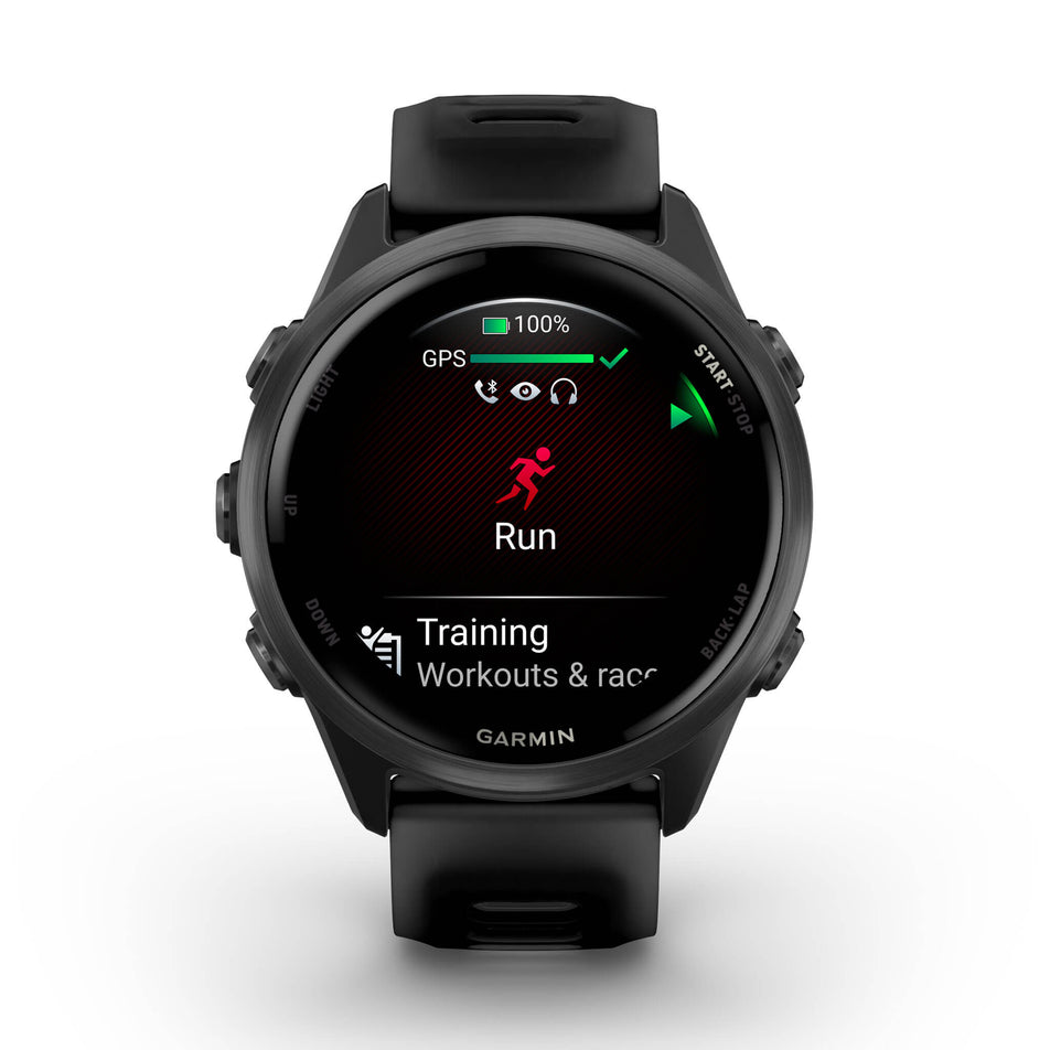 A Garmin Forerunner 570 in the 42mm case size. Slate Grey Aluminium with Translucent Black/Black Band. Run start screen. (8691978961058)