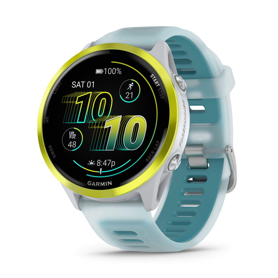 A Garmin Forerunner 570 in the 47mm case size. Amp Yellow Aluminium with Translucent Whitestone/Turquoise Band. Main screen. (8692386529442)