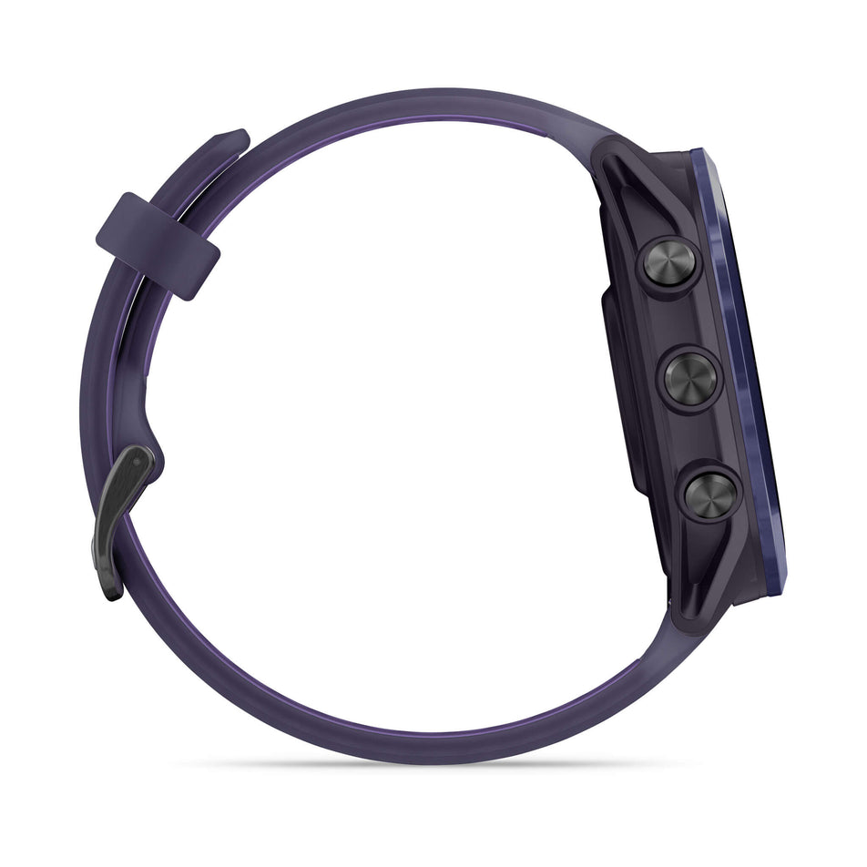 A Garmin Forerunner 570 in the 47mm case size. Indigo Aluminium with Translucent Imperial Purple/Indigo Band. Side of watch. (8692392231074)