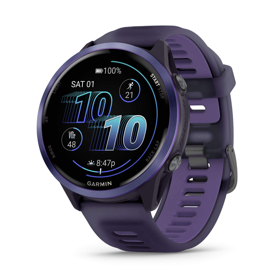 A Garmin Forerunner 570 in the 47mm case size. Indigo Aluminium with Translucent Imperial Purple/Indigo Band. Main screen.  (8692392231074)