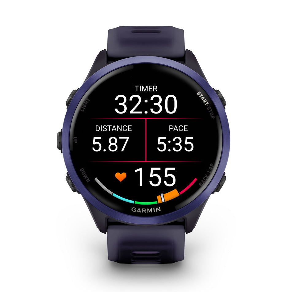 A Garmin Forerunner 570 in the 47mm case size. Indigo Aluminium with Translucent Imperial Purple/Indigo Band. Mid-activity stats screen. (8692392231074)