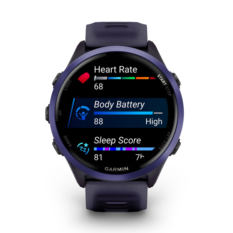 A Garmin Forerunner 570 in the 47mm case size. Indigo Aluminium with Translucent Imperial Purple/Indigo Band. Metrics/stats screen. (8692392231074)