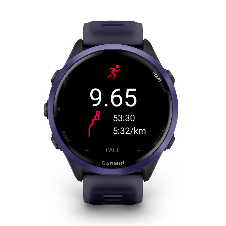 A Garmin Forerunner 570 in the 47mm case size. Indigo Aluminium with Translucent Imperial Purple/Indigo Band. Post-run stats screen. (8692392231074)