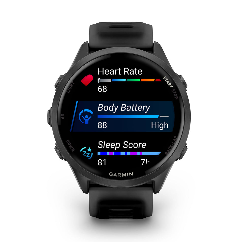 A Garmin Forerunner 570 in the 47mm case size. Slate Grey Aluminium with Translucent Black/Black Band. Metrics/stats screen. (8692375322786)